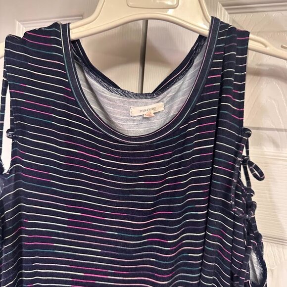 Maurices Blue Striped 24/7 Dress Elbow Sleeve Lace Up Arm & Shoulder Women's Med - Picture 11 of 11